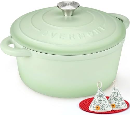 Limited-Time Deal - Overmont Enameled Cast Iron Dutch Oven - 5.5QT Pot with Lid Cookbook - Heavy-Duty Cookware with Cotton Potholders, Enclosed Lid-Knob Design, Oven Safe for Sourdough Baking Braising Stews Roasting