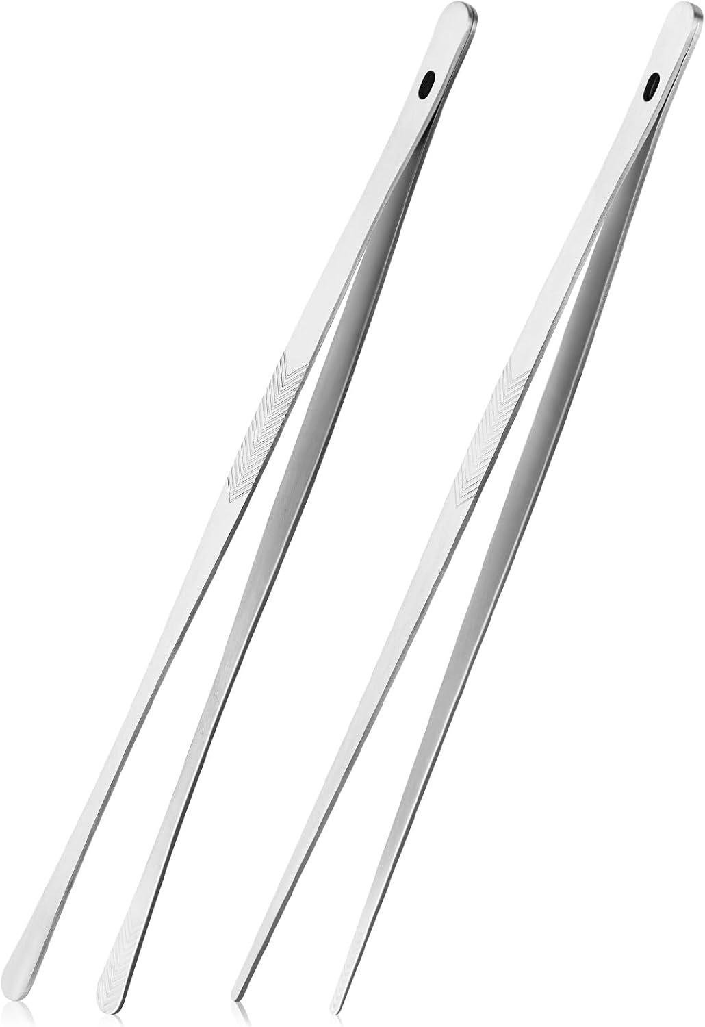 ChefBee 2PCS 12 Stainless Steel Kitchen Tongs Tweezers with Serrated Tips - Precision Grip, Chef Grade, Sturdy Kitchen Utensils, For Serving Food Pasta Salad, Suitable for Grill BBQ Culinary Use