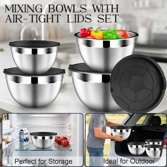 Great Value - Mixing Bowls with Lids Set, Stainless Steel Mixing Bowl with Colander - Home and Kitchen Essential incl. Strainer 3 Qt with Mixing Bowl 1.5/2/2.5/3/4.5Qt for Fruit, Salad, Serving, Cooking - Black