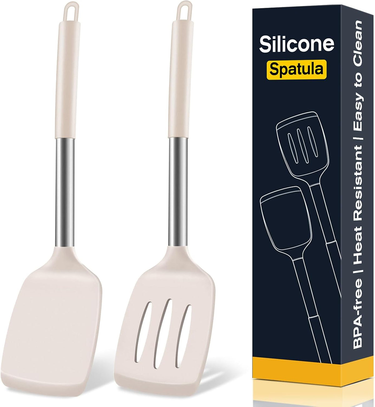 2 Pack Silicone Spatula Set, Solid & Slotted Turner for Non-Stick Pans - Dishwasher Safe, BPA-Free Silicone Cooking Utensils for Fish, Eggs, Pancakes, High Heat Resistant, Black
