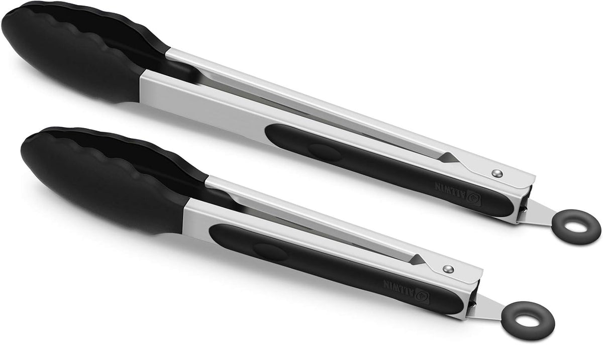 Hot Sale - 2 Pack Silicone Kitchen Tongs, 9 & 12 Inch, Stainless Steel, Black - Heat Resistant to 500°F with BPA-free Silicone Tips, Locking Clip and Nonslip Handles for Nonstick Cookware and Grilling