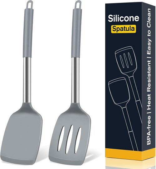 2 Pack Silicone Spatula Set, Solid & Slotted Turner for Non-Stick Pans - Dishwasher Safe, BPA-Free Silicone Cooking Utensils for Fish, Eggs, Pancakes, High Heat Resistant, Black
