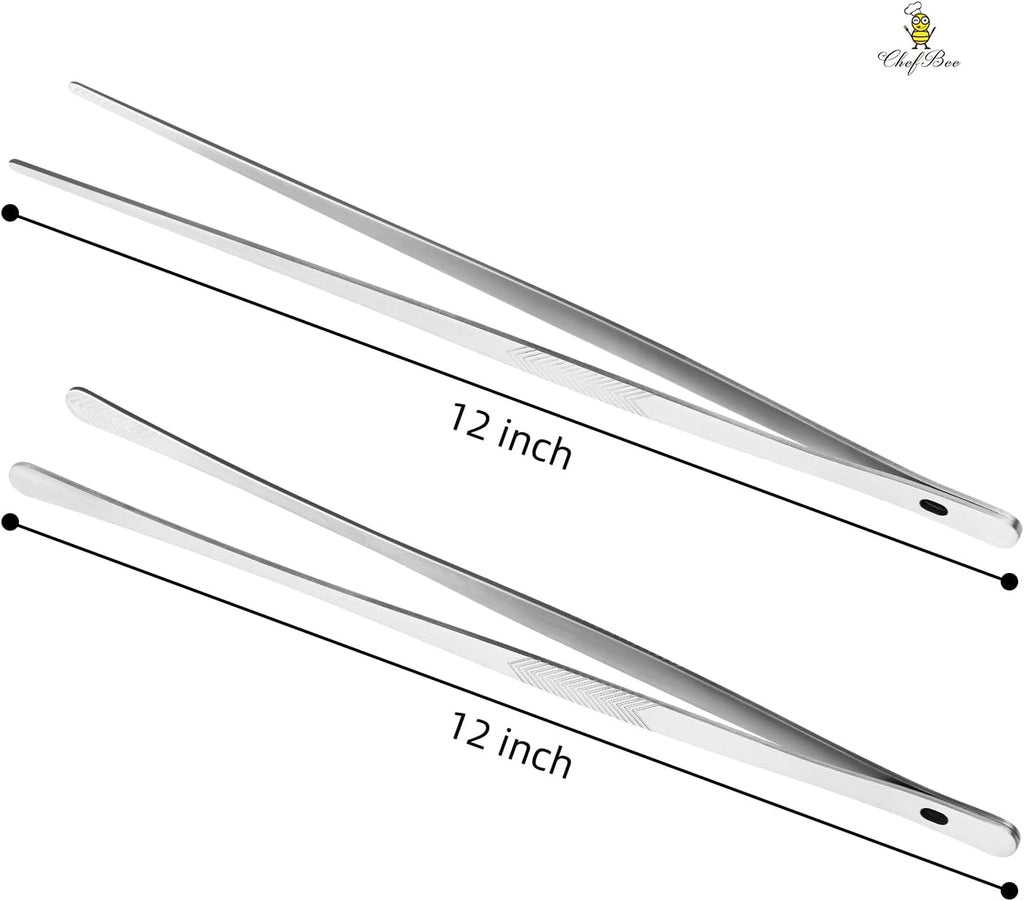 ChefBee 2PCS 12 Stainless Steel Kitchen Tongs Tweezers with Serrated Tips - Precision Grip, Chef Grade, Sturdy Kitchen Utensils, For Serving Food Pasta Salad, Suitable for Grill BBQ Culinary Use