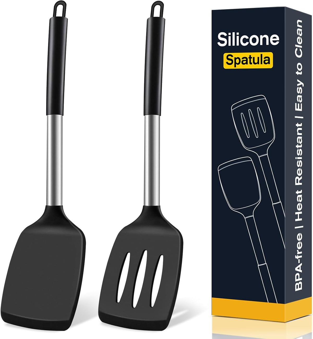 2 Pack Silicone Spatula Set, Solid & Slotted Turner for Non-Stick Pans - Dishwasher Safe, BPA-Free Silicone Cooking Utensils for Fish, Eggs, Pancakes, High Heat Resistant, Black