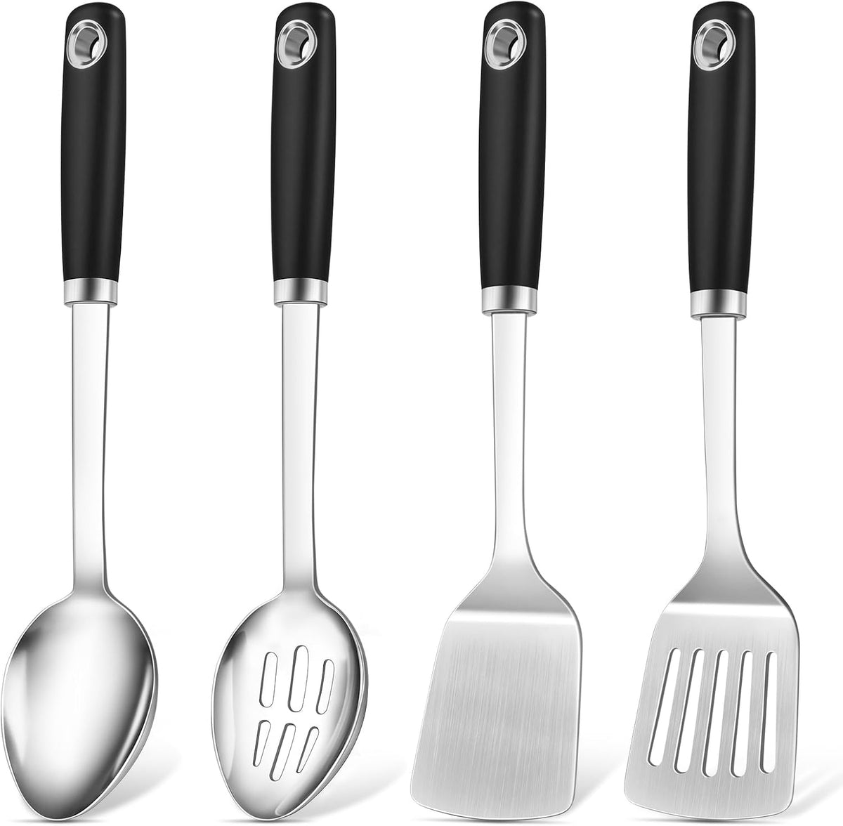 Flash Sale - 4 Pcs Cooking Utensils Set, Stainless Steel Kitchen Utensils, Heat Resistant Metal Kitchen Tools Include Solid & Slotted Turner Wok Spatula, Serving Spoon, Ergonomic Handle, Easy to Clean, Silver