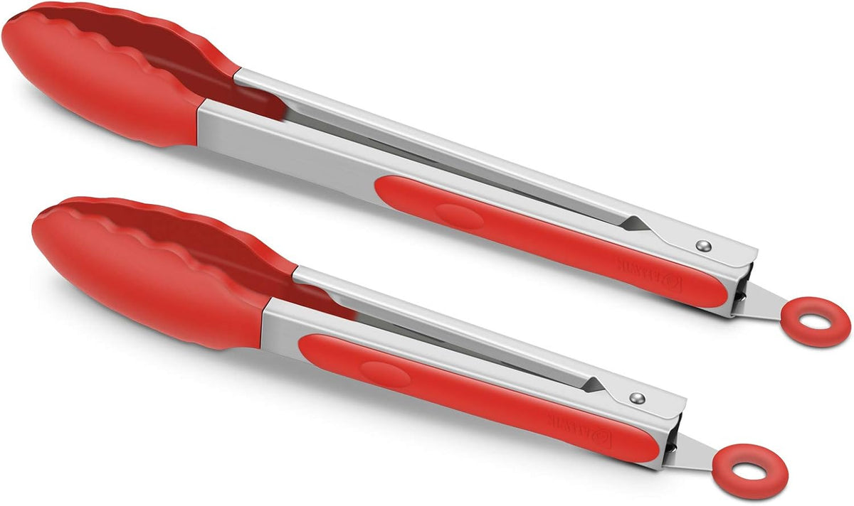 Hot Sale - 2 Pack Silicone Kitchen Tongs, 9 & 12 Inch, Stainless Steel, Black - Heat Resistant to 500°F with BPA-free Silicone Tips, Locking Clip and Nonslip Handles for Nonstick Cookware and Grilling