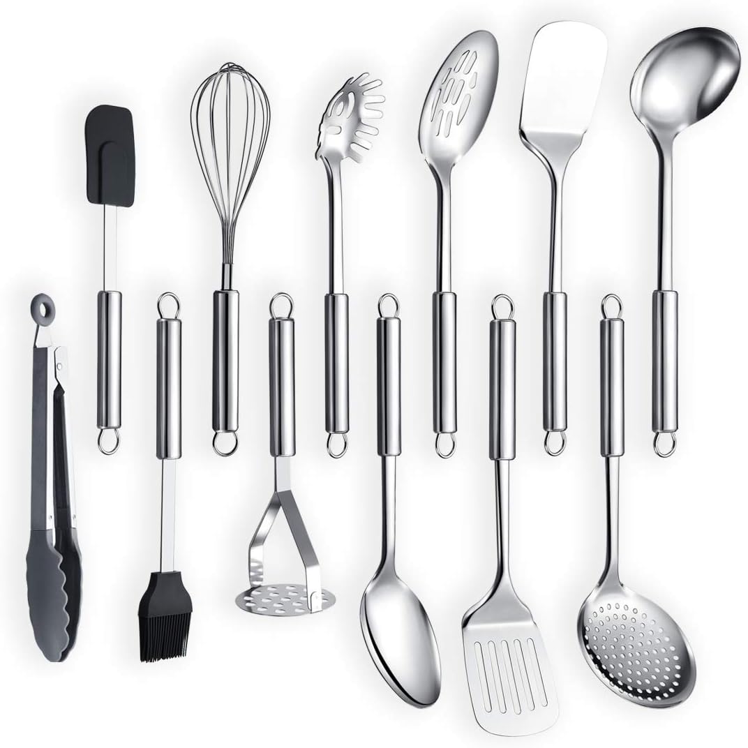 Special Offer - Berglander Cooking Utensil Set 8 Piece, Stainless Steel Kitchen Tool Set with Stand,Cooking Utensils, Slotted Tuner, Ladle, Skimmer, Serving Spoon, Pasta Server,Potato Maseher, Egg Whisk. （8 Pieces）