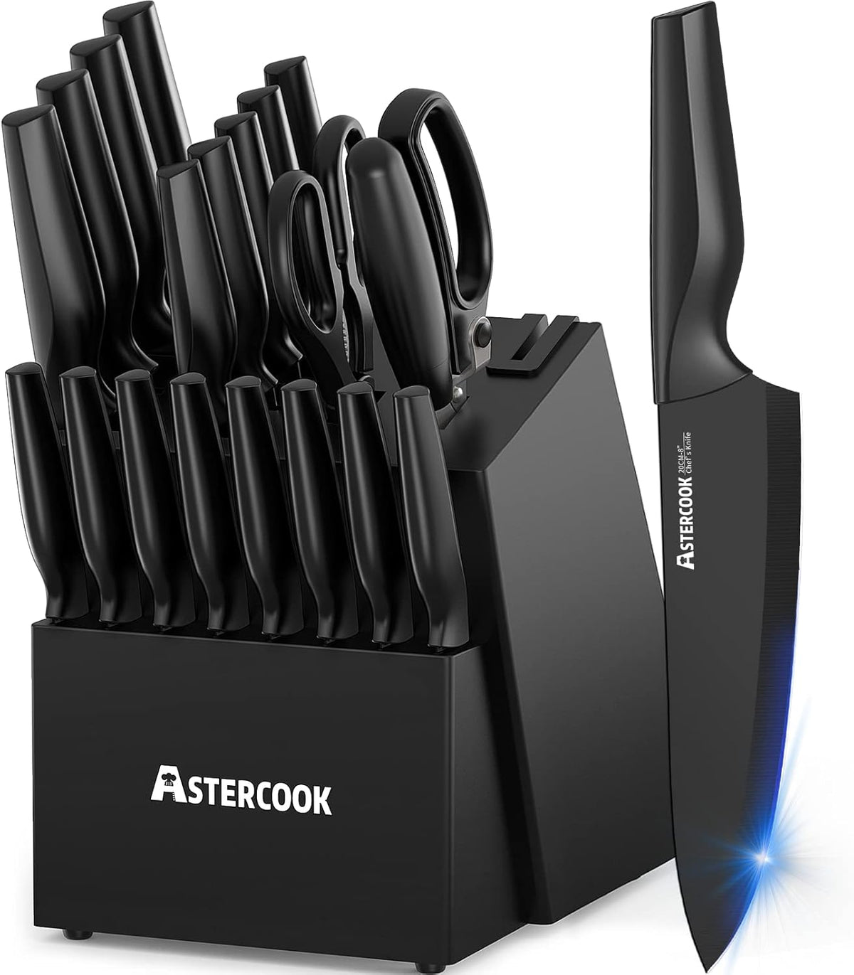 Best Seller - Knife Set, Astercook 21 Pieces Knife Sets for Kitchen with Block, Dishwasher Safe Kitchen Knife Set with Built-in Sharpener, German Stainless Steel Black Knife Block Set, Fathers Day Gift for Men