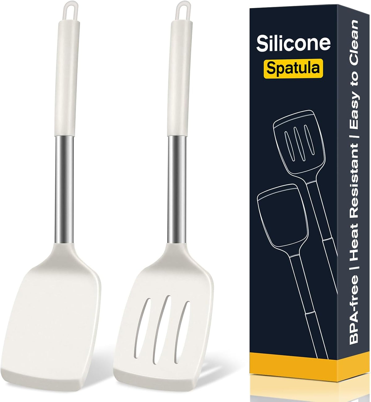 2 Pack Silicone Spatula Set, Solid & Slotted Turner for Non-Stick Pans - Dishwasher Safe, BPA-Free Silicone Cooking Utensils for Fish, Eggs, Pancakes, High Heat Resistant, Black
