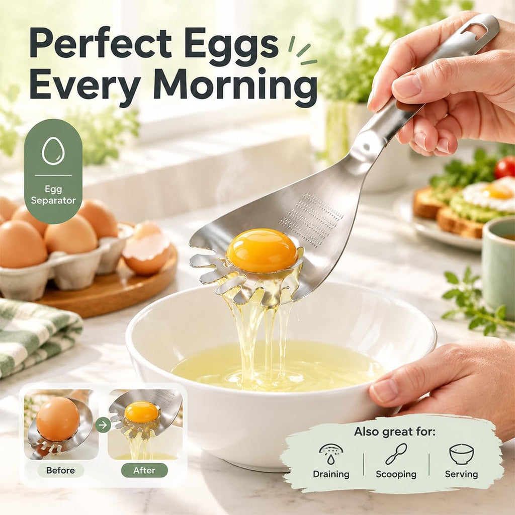 5-in-1 Stainless Steel Cooking Spoon, Multifunctional Kitchen Utensil with Garlic Ginger Grater, Potato Masher, Egg Separator, Strainer Spoon & Bottle Opener, Stainless Steel Kitchen Prep Tool