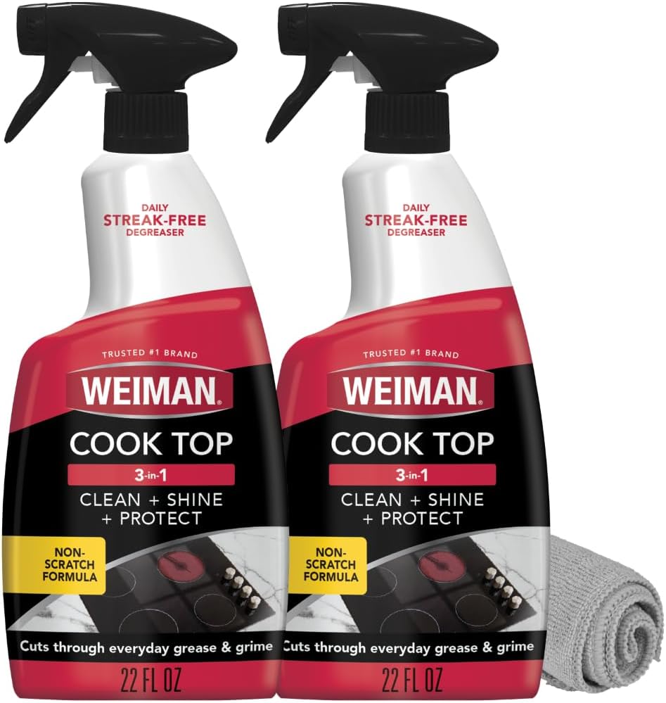 Weiman Daily Cooktop Cleaner & Degreaser, 2 Pack with Microfiber Cloth - Safe for Ceramic, Electirc, Gas & Induction Cooktop, Non-Abrasive Cleaner for Burnt-On Food & Grease, Scratch & Streak-Free