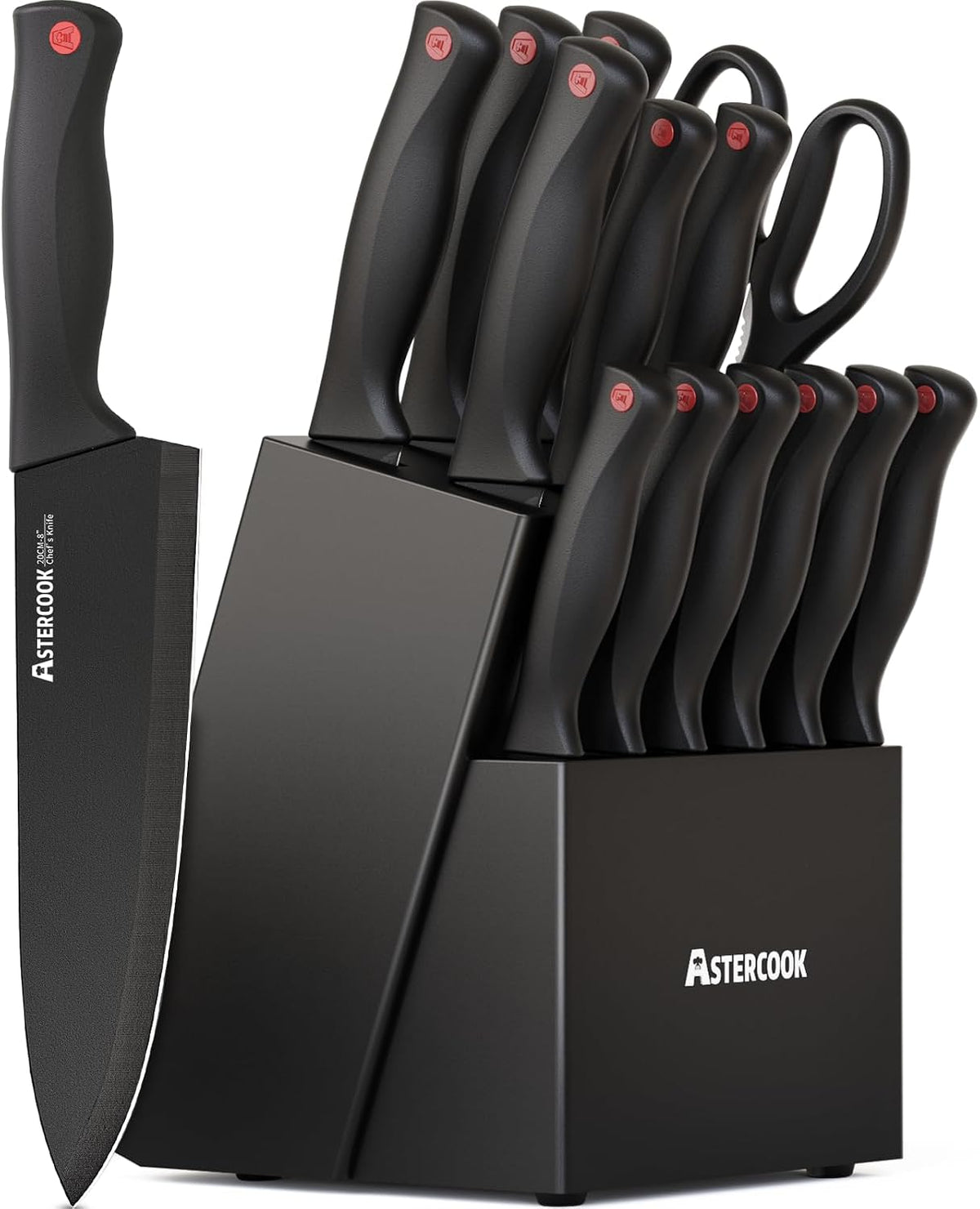 Great Value - Astercook Knife Set for Kitchen with Block and Sharpener 15pcs German - Stainless Steel Kitchen Utensils Set Dishwasher Safe