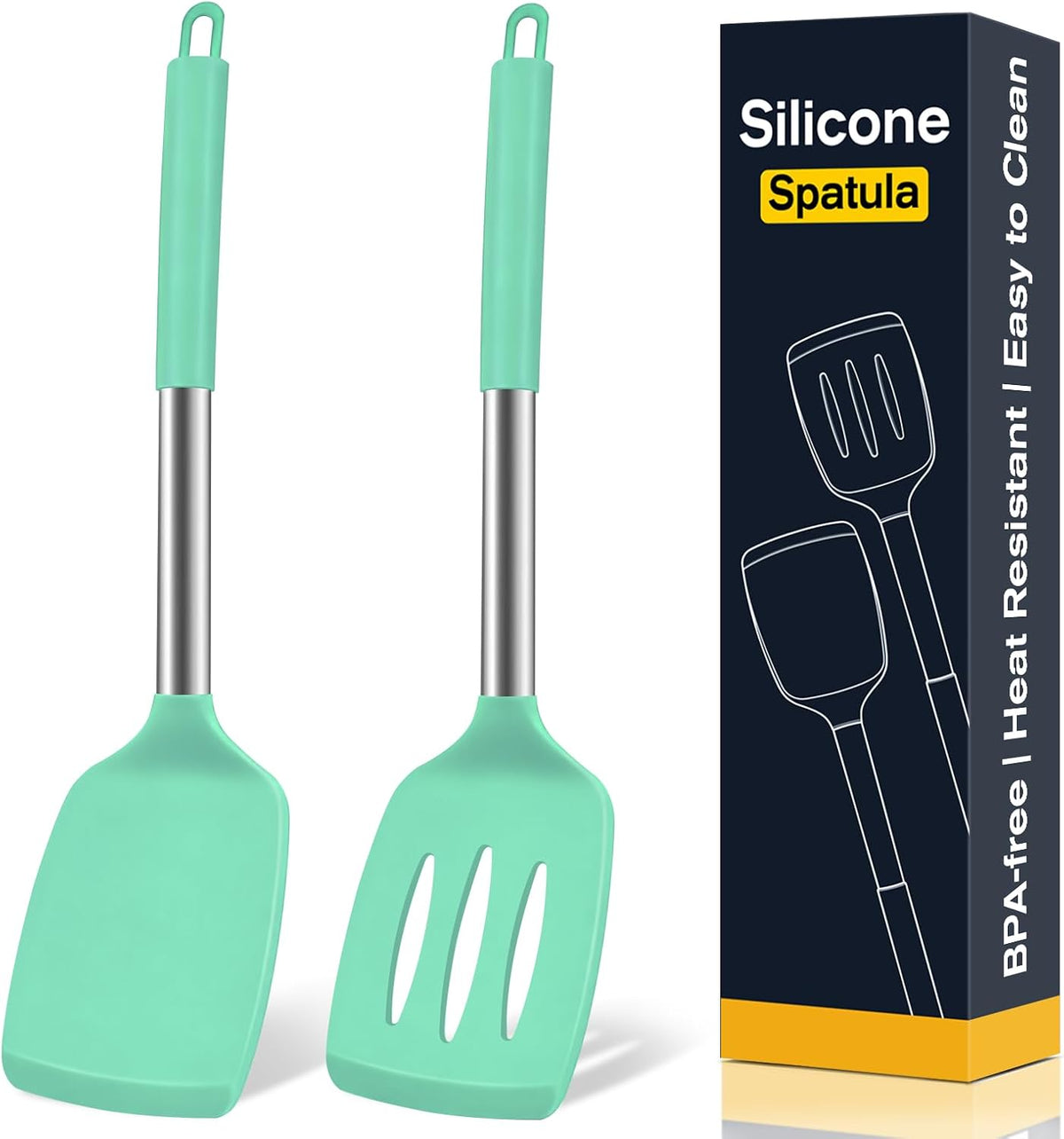 2 Pack Silicone Spatula Set, Solid & Slotted Turner for Non-Stick Pans - Dishwasher Safe, BPA-Free Silicone Cooking Utensils for Fish, Eggs, Pancakes, High Heat Resistant, Black