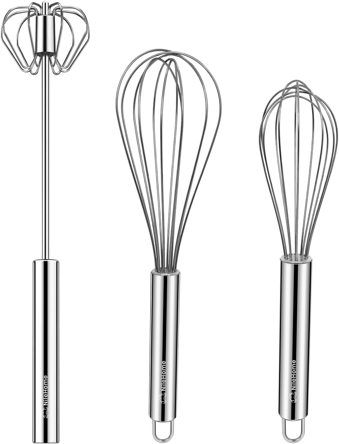 Great Value - NileHome 3-Pack Stainless Steel Whisk Set, Kitchen Utensils for Cooking - Food-grade Material,Dishwasher Safe,8in+10in+12in,Easy to Clean and Store,Perfect for Cooking,Whisking and Blending