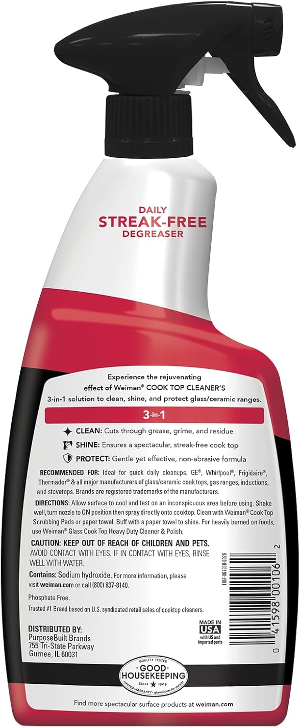 Weiman Daily Cooktop Cleaner & Degreaser, 2 Pack with Microfiber Cloth - Safe for Ceramic, Electirc, Gas & Induction Cooktop, Non-Abrasive Cleaner for Burnt-On Food & Grease, Scratch & Streak-Free