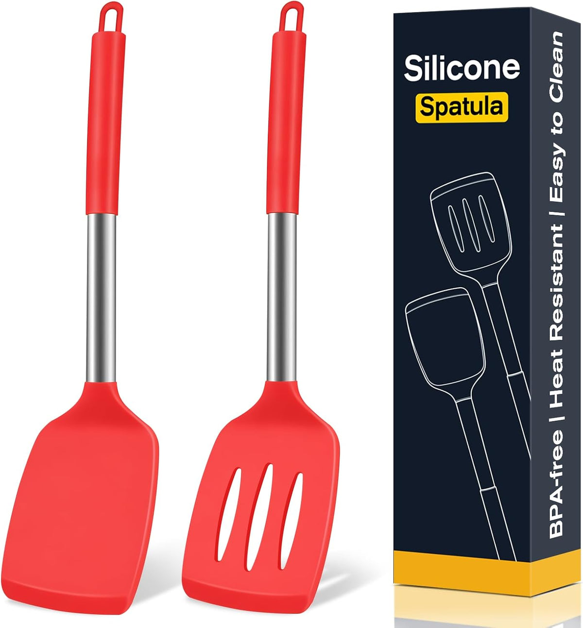 2 Pack Silicone Spatula Set, Solid & Slotted Turner for Non-Stick Pans - Dishwasher Safe, BPA-Free Silicone Cooking Utensils for Fish, Eggs, Pancakes, High Heat Resistant, Black