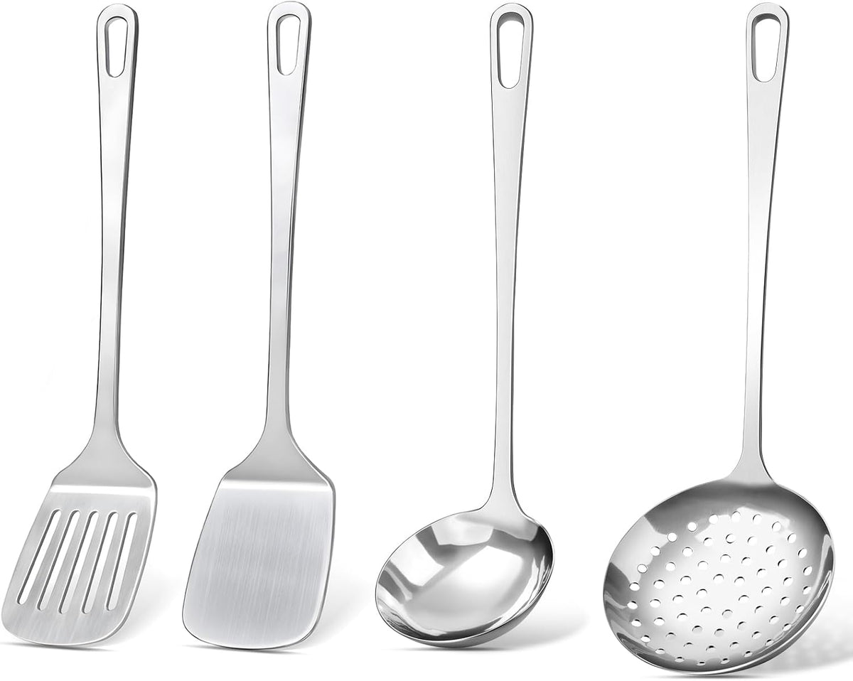 Flash Sale - 4 Pcs Cooking Utensils Set, Stainless Steel Kitchen Utensils, Heat Resistant Metal Kitchen Tools Include Solid & Slotted Turner Wok Spatula, Serving Spoon, Ergonomic Handle, Easy to Clean, Silver