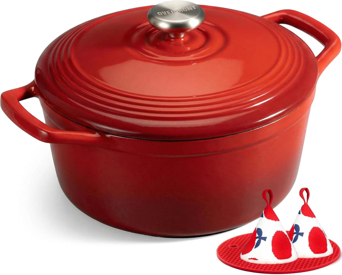 Limited-Time Deal - Overmont Enameled Cast Iron Dutch Oven - 5.5QT Pot with Lid Cookbook - Heavy-Duty Cookware with Cotton Potholders, Enclosed Lid-Knob Design, Oven Safe for Sourdough Baking Braising Stews Roasting