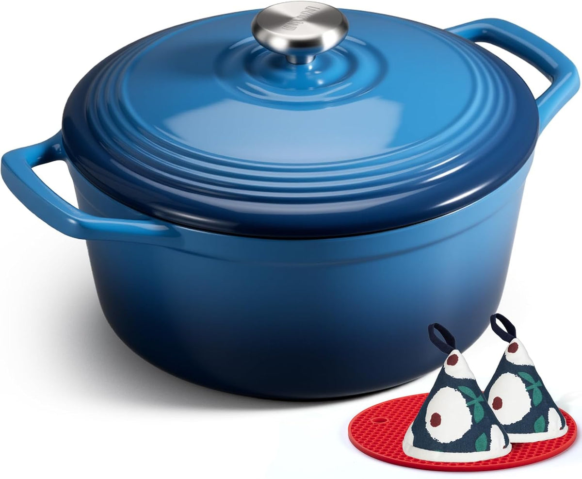 Limited-Time Deal - Overmont Enameled Cast Iron Dutch Oven - 5.5QT Pot with Lid Cookbook - Heavy-Duty Cookware with Cotton Potholders, Enclosed Lid-Knob Design, Oven Safe for Sourdough Baking Braising Stews Roasting