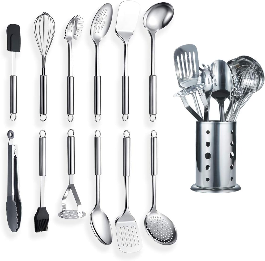 Special Offer - Berglander Cooking Utensil Set 8 Piece, Stainless Steel Kitchen Tool Set with Stand,Cooking Utensils, Slotted Tuner, Ladle, Skimmer, Serving Spoon, Pasta Server,Potato Maseher, Egg Whisk. （8 Pieces）