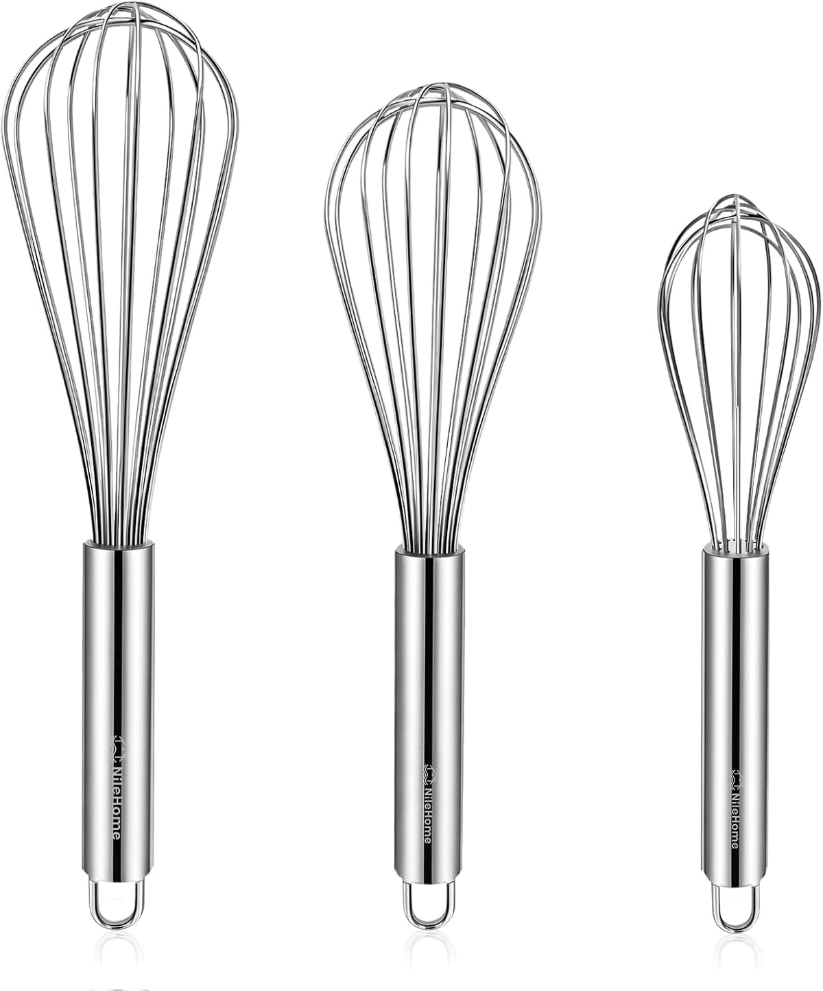 Great Value - NileHome 3-Pack Stainless Steel Whisk Set, Kitchen Utensils for Cooking - Food-grade Material,Dishwasher Safe,8in+10in+12in,Easy to Clean and Store,Perfect for Cooking,Whisking and Blending