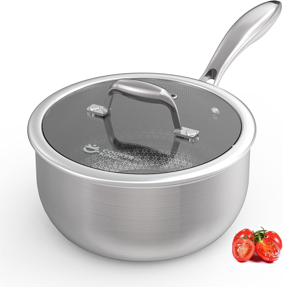 Flash Sale - COOKER KING 1.5 QT Stainless Steel Saucepan, Small Cooking Pot with Lid - Hybrid Saucier Pan Induction Compatible, Non-toxic Cookware with Ceramic Nonstick Coating, Dishwasher & Oven Safe to 900°F