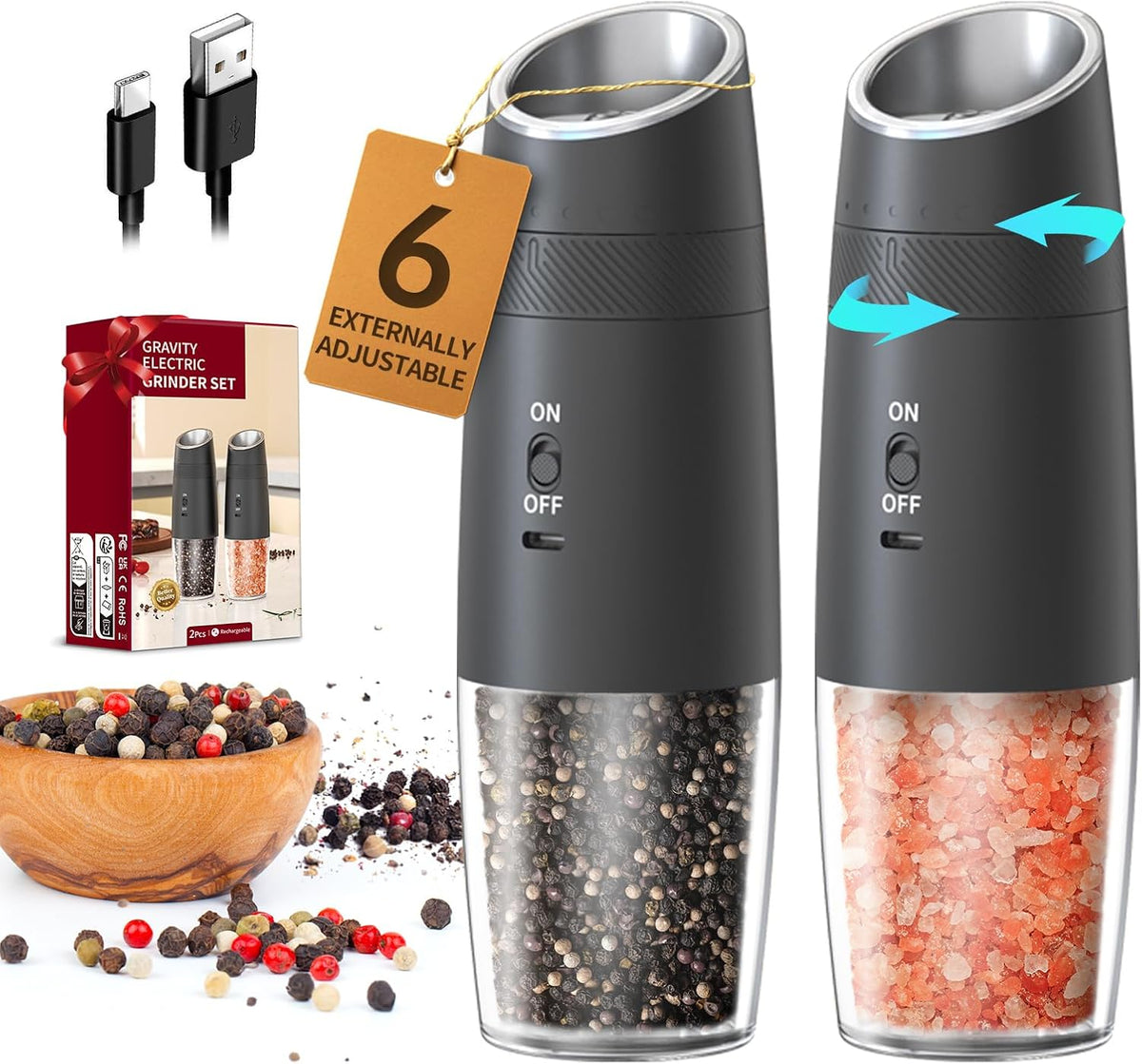 Special Offer - CIRCLE JOY Gravity Electric Salt and Pepper Grinder Set Automatic Salt and Pepper Grinder Set with LED Light, Battery Operated, Adjustable Coarseness, Large Capacity, for Home Kitchen BBQ, Black
