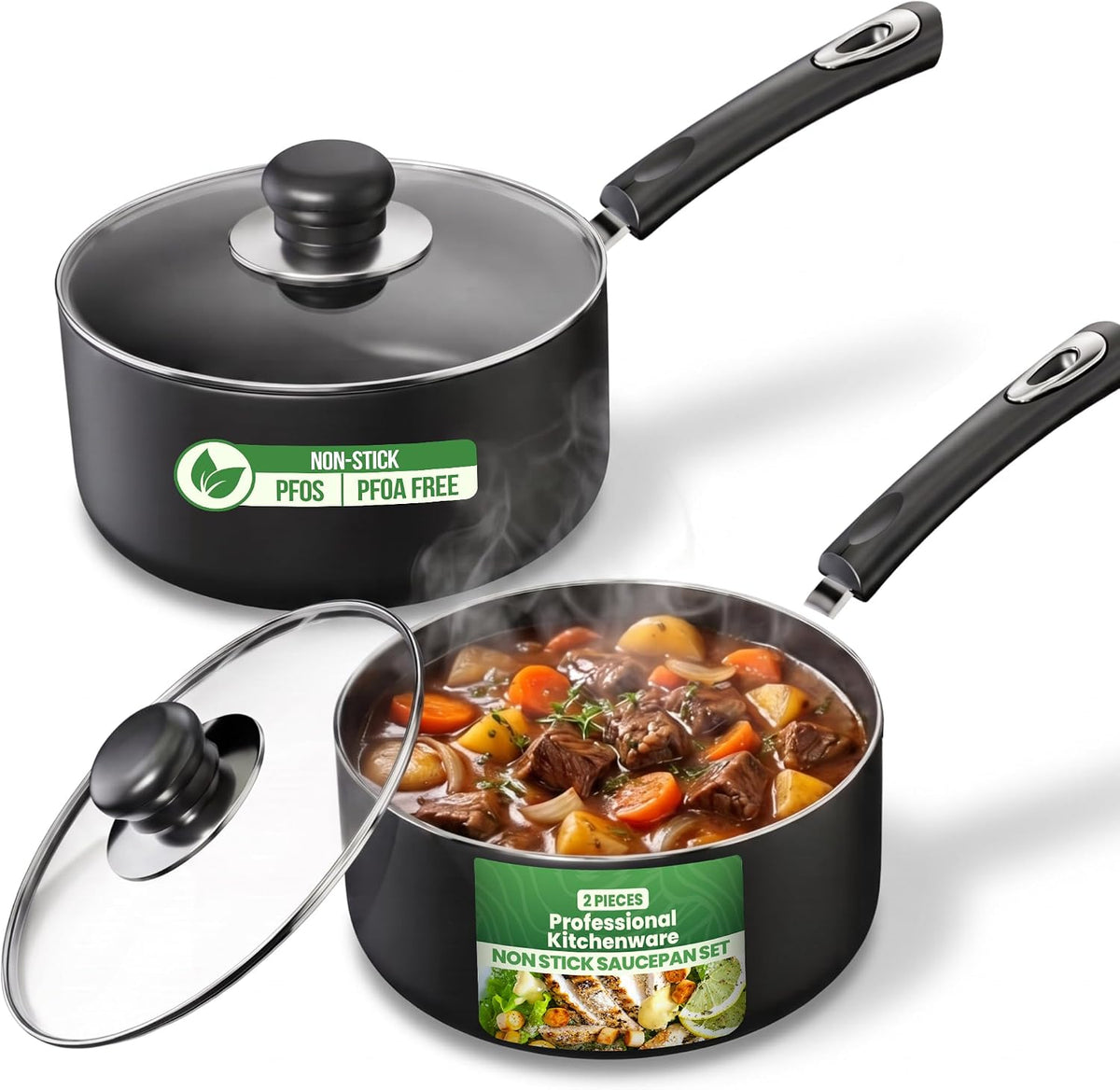 Utopia Kitchen Nonstick Saucepan Set with Lids 1 QT 2 QT Pots PFOS Free - Multipurpose Cooking Pots Set, Nonstick Coating, Even Heat Distribution, Durable, Bakelite Handles, Dishwasher Safe