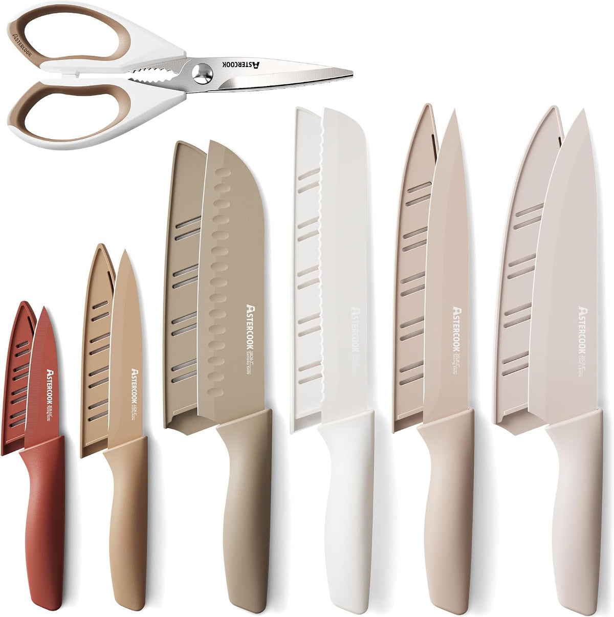 Flash Sale - Astercook Knife Set, 13 Pieces Kitchen Knives Set with Healthy Anti-Rust Coating, Dishwasher Safe, Stainless Steel Chef Knife Sets with 6 Blade Guards, Perfect Holiday Gifts for Kitchen