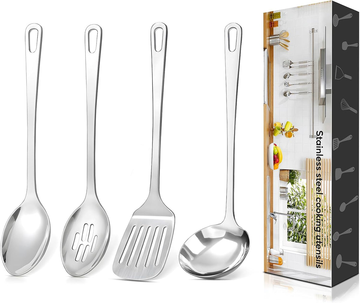 Flash Sale - 4 Pcs Cooking Utensils Set, Stainless Steel Kitchen Utensils, Heat Resistant Metal Kitchen Tools Include Solid & Slotted Turner Wok Spatula, Serving Spoon, Ergonomic Handle, Easy to Clean, Silver