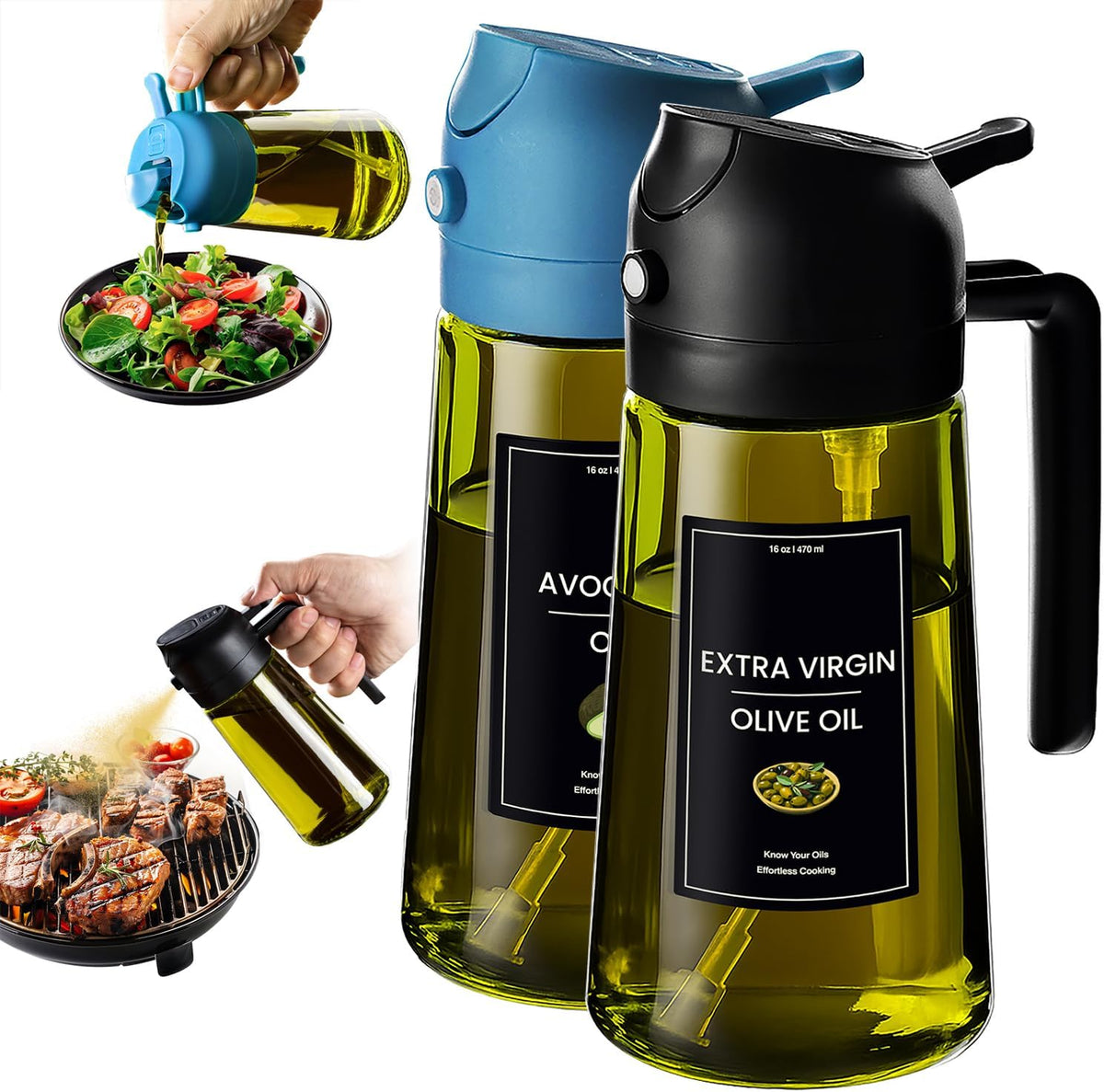 Flash Sale - CXINYI - 16oz/470ml Olive Oil Dispenser for Kitchen with Stickers - 2 in 1 Olive Oil Sprayer for Cooking, Air Fryer, and Salad, Black&Green (Light-Proof Kitchen Gadget)