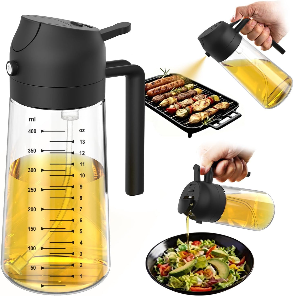 Hot Sale - TrendPlain 16oz/470ml Glass Olive Oil Sprayer for Cooking – 2 in 1 Olive Oil Dispenser Bottle for Kitchen Gadgets and Air Fryer Accessories, Salad, BBQ - Ash