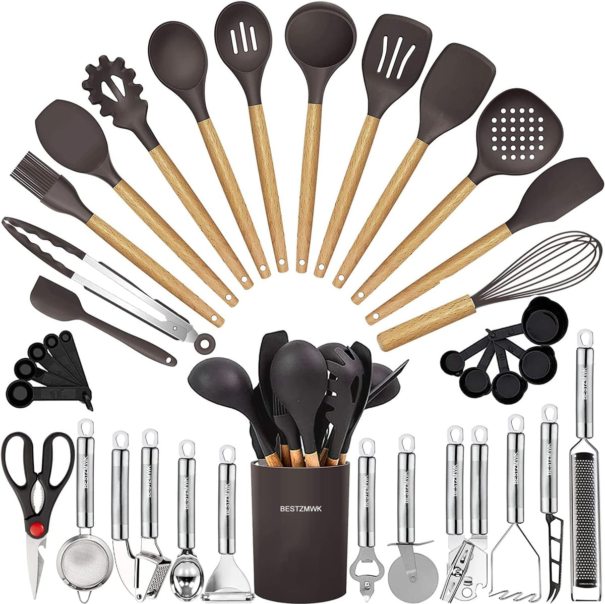 Special Offer - Kitchen Utensils Set- 35 PCs Cooking Utensils with Grater,Tongs, Spoon Spatula &Turner Made of Heat Resistant Food Grade Silicone and Wooden Handles Kitchen Gadgets Tools Set for Nonstick Cookware