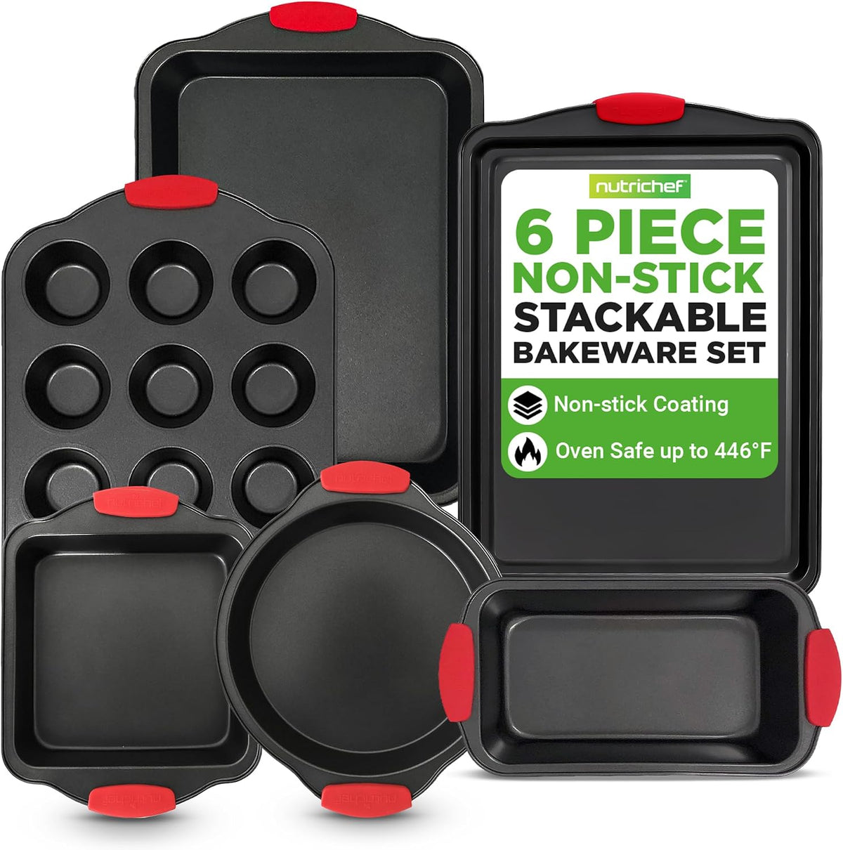 NutriChef 3?Piece Nonstick Cookie Sheets – Carbon Steel Baking Sheet Set with Non Stick Coating & Red Silicone Handles – Oven Pans for Family Baking