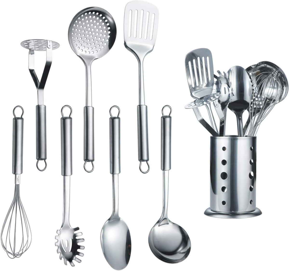 Special Offer - Berglander Cooking Utensil Set 8 Piece, Stainless Steel Kitchen Tool Set with Stand,Cooking Utensils, Slotted Tuner, Ladle, Skimmer, Serving Spoon, Pasta Server,Potato Maseher, Egg Whisk. （8 Pieces）