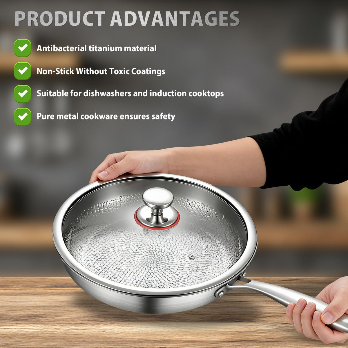 Great Value - MGahyi 12 Inch Titanium Pan for Cooking, Hammered Frying Pan with Lid, Scratch-Resistant Non-Toxic Cookware Compatible with All Stovetops (Silver)