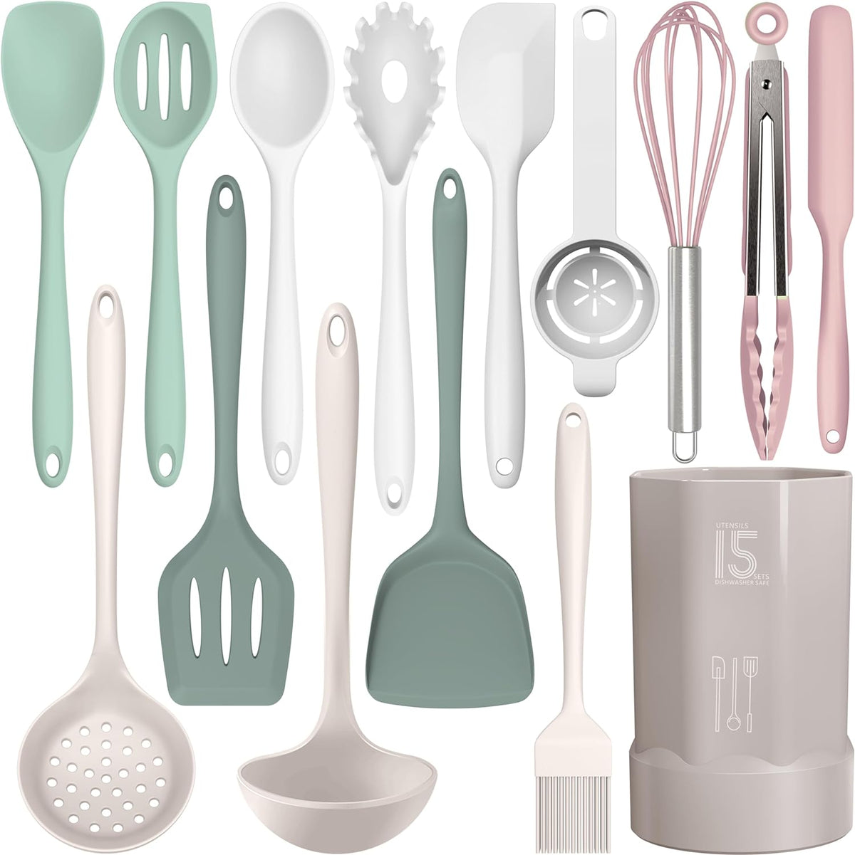 AOTHOD Silicone Cooking Utensils Set - 446°F Heat Resistant Kitchen Utensils,Spatula Sets,Turner Tongs,Spoon,Kitchen Utensil Gadgets Tools Set for Nonstick Cookware,Dishwasher Safe BPA Free (Gray)