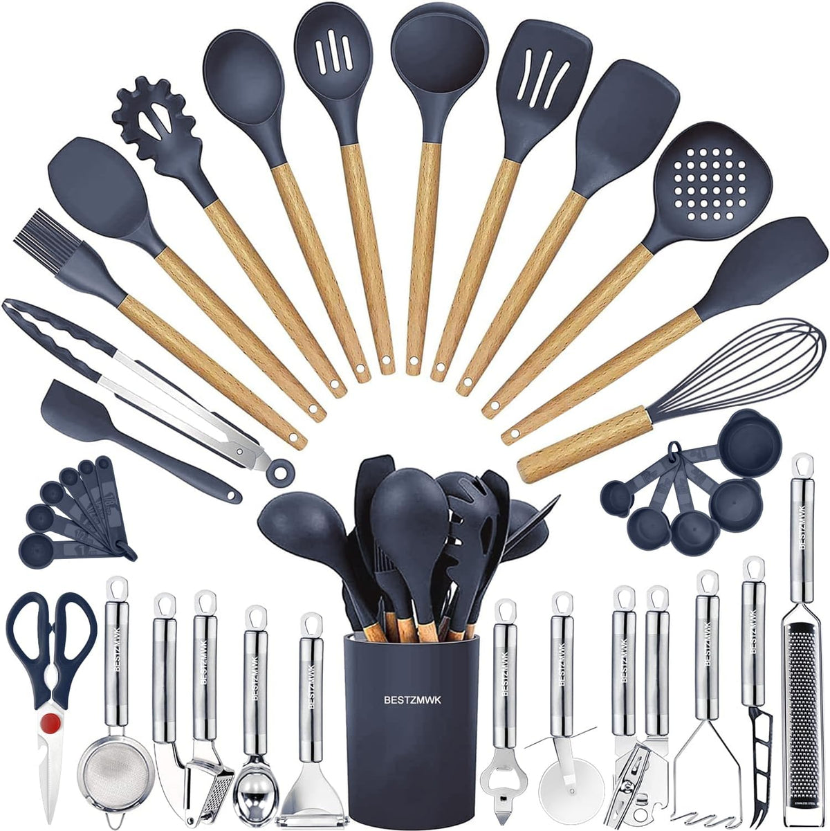 Special Offer - Kitchen Utensils Set- 35 PCs Cooking Utensils with Grater,Tongs, Spoon Spatula &Turner Made of Heat Resistant Food Grade Silicone and Wooden Handles Kitchen Gadgets Tools Set for Nonstick Cookware