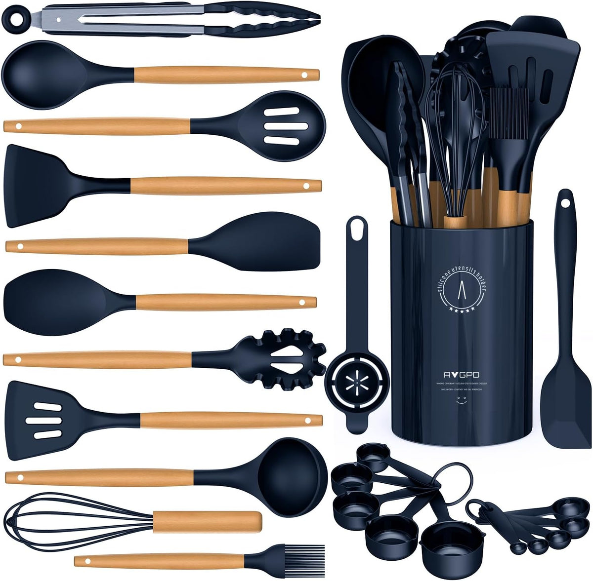 Hot Sale - Silicone Kitchen Utensils Set, Heat-Resistant Cooking Utensils, BPA-Free - Food-grade Silicone Spatula Set for Nonstick Cookware, Wooden Handle, Wedding Registry, New Home Housewarming Gift, Black