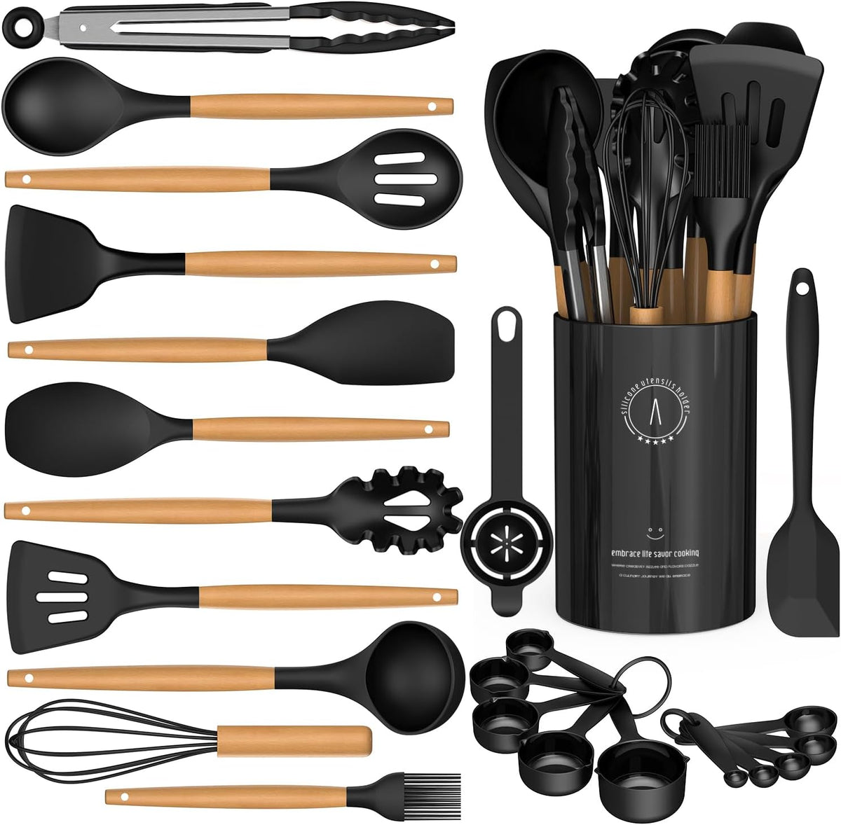Hot Sale - Silicone Kitchen Utensils Set, Heat-Resistant Cooking Utensils, BPA-Free - Food-grade Silicone Spatula Set for Nonstick Cookware, Wooden Handle, Wedding Registry, New Home Housewarming Gift, Black