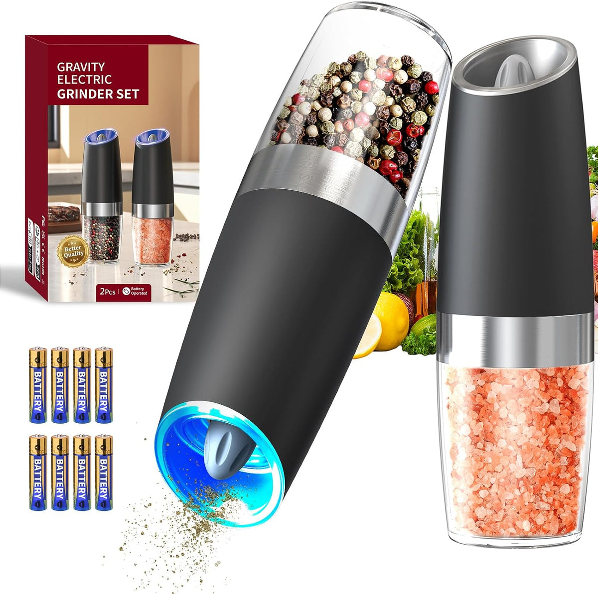 Special Offer - CIRCLE JOY Gravity Electric Salt and Pepper Grinder Set Automatic Salt and Pepper Grinder Set with LED Light, Battery Operated, Adjustable Coarseness, Large Capacity, for Home Kitchen BBQ, Black