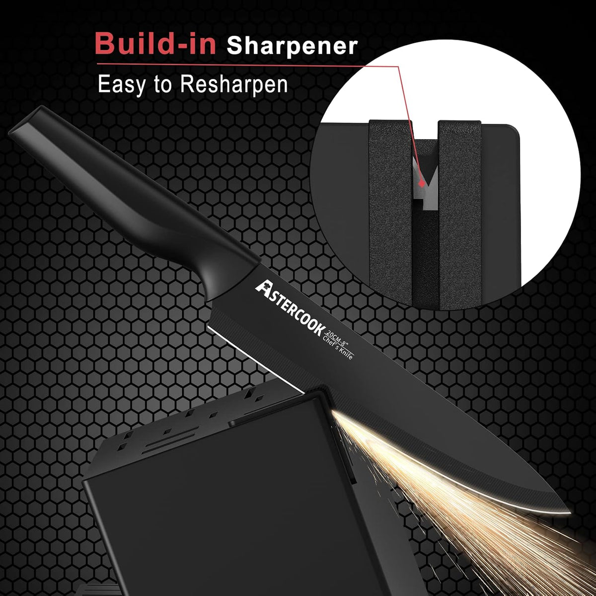 Best Seller - Knife Set, Astercook 21 Pieces Knife Sets for Kitchen with Block, Dishwasher Safe Kitchen Knife Set with Built-in Sharpener, German Stainless Steel Black Knife Block Set, Fathers Day Gift for Men
