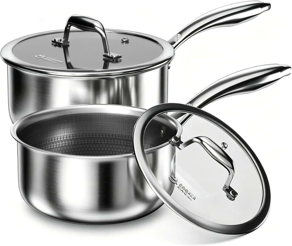 Flash Sale - COOKER KING 1.5 QT Stainless Steel Saucepan, Small Cooking Pot with Lid - Hybrid Saucier Pan Induction Compatible, Non-toxic Cookware with Ceramic Nonstick Coating, Dishwasher & Oven Safe to 900°F