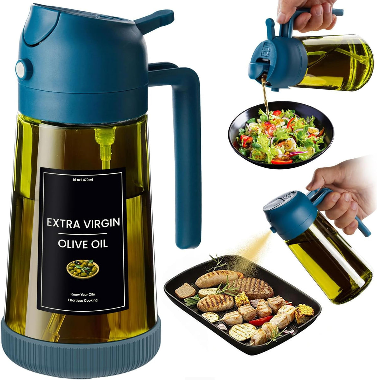 Flash Sale - CXINYI - 16oz/470ml Olive Oil Dispenser for Kitchen with Stickers - 2 in 1 Olive Oil Sprayer for Cooking, Air Fryer, and Salad, Black&Green (Light-Proof Kitchen Gadget)