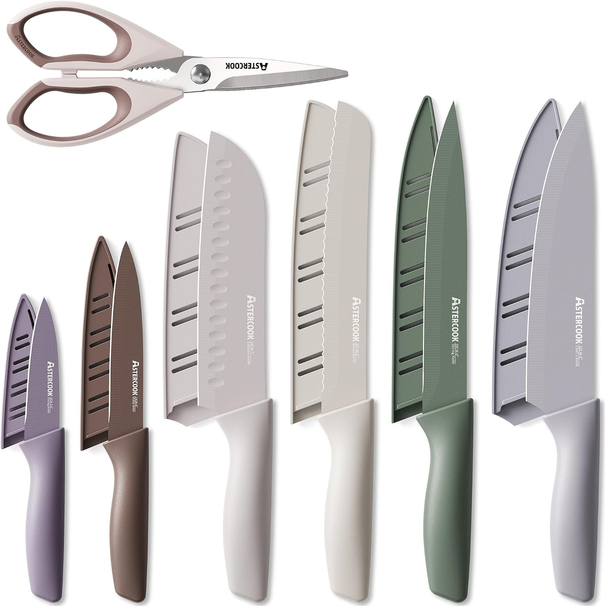 Flash Sale - Astercook Knife Set, 13 Pieces Kitchen Knives Set with Healthy Anti-Rust Coating, Dishwasher Safe, Stainless Steel Chef Knife Sets with 6 Blade Guards, Perfect Holiday Gifts for Kitchen