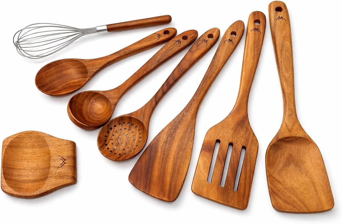 Flash Sale - 8 Pcs Teak Wooden Utensil Set – Premium Wooden Cooking Utensils Set, Natural Wooden Spoons for Cooking - Sturdy Kitchen Utensils & Cooking Spoons for Every Chef