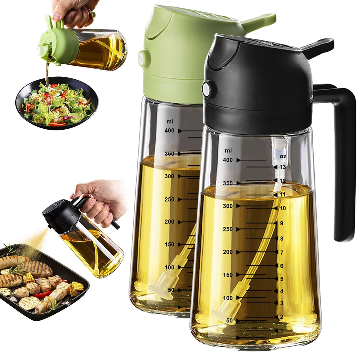 Limited-Time Deal - TrendPlain 16oz Olive Oil Sprayer for Cooking with Silicone Base, 2 Black - 470ml 2 in 1 Olive Oil Dispenser Bottle – Kitchen Essentials, Kitchen Gadgets and Air Fryer Accessories for Salad & BBQ