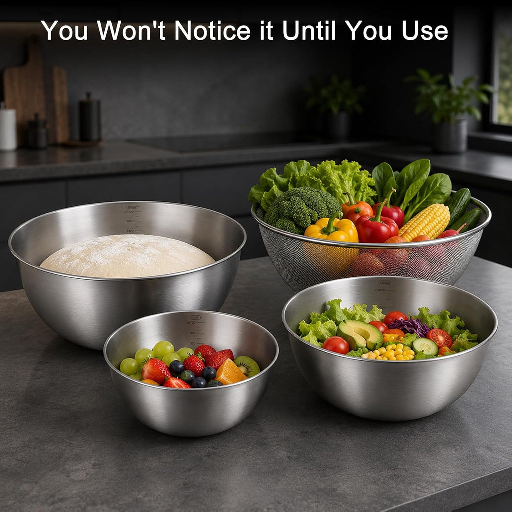 Hot Sale - 7PCS Stainless Steel Mixing Bowls Set with Colanders for Baking, Cooking - 5 Metal Kitchen Bowls with 2 Strainers, Dishwasher Safe, Space-Saving Cooking Bowl Set, for salad, baking, cooking, serving