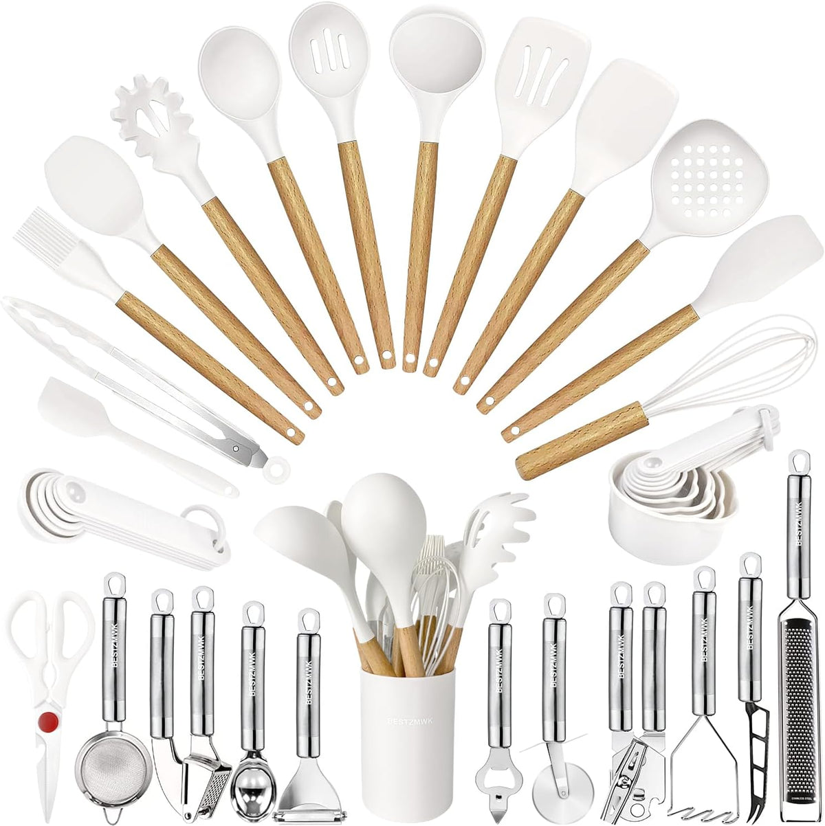 Special Offer - Kitchen Utensils Set- 35 PCs Cooking Utensils with Grater,Tongs, Spoon Spatula &Turner Made of Heat Resistant Food Grade Silicone and Wooden Handles Kitchen Gadgets Tools Set for Nonstick Cookware