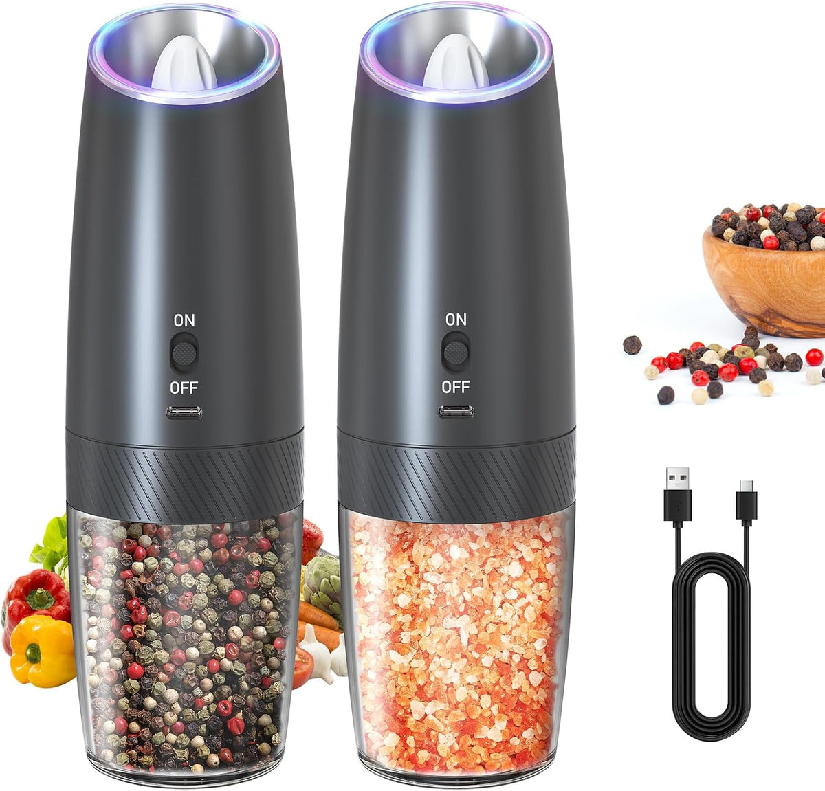 Special Offer - CIRCLE JOY Gravity Electric Salt and Pepper Grinder Set Automatic Salt and Pepper Grinder Set with LED Light, Battery Operated, Adjustable Coarseness, Large Capacity, for Home Kitchen BBQ, Black